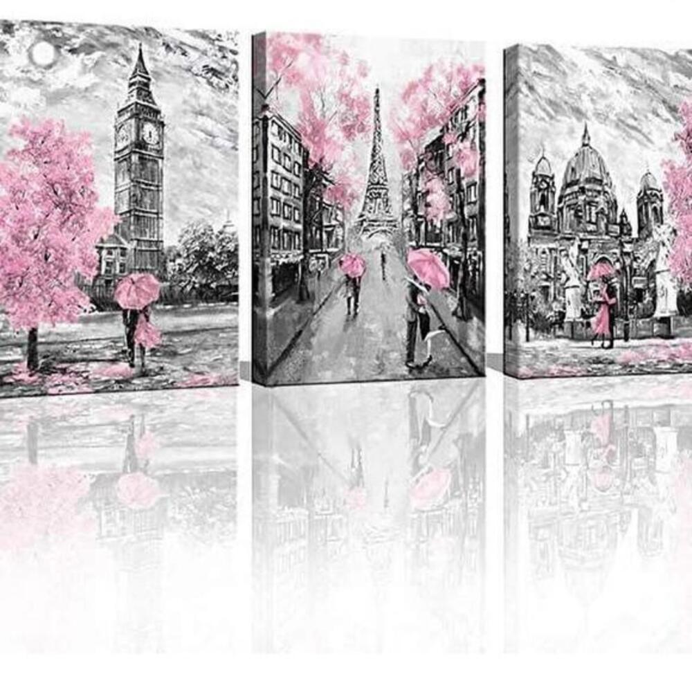 Romantic Cityscape Wall Art Trio - Pink and Gray